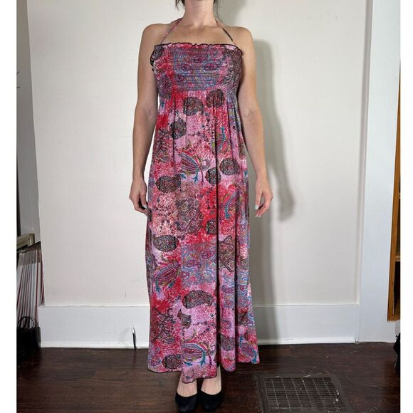 Vintage Pink Floral Multi Halter Midi Dress Size M - Picture 1 of 7